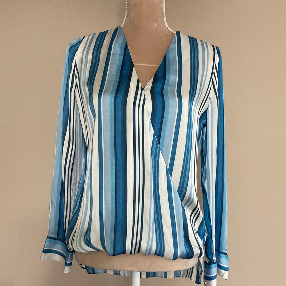 Etcetera blue & white striped crossover top with modesty snap - Size 4